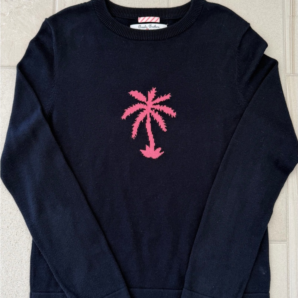 Brooks Brothers Navy Sweater with Pink Palm Tree Design